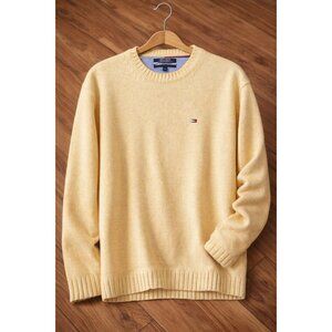 Tommy Hilfiger Cotton Sweater Mens L Butter Yellow Crewneck Flag Logo
